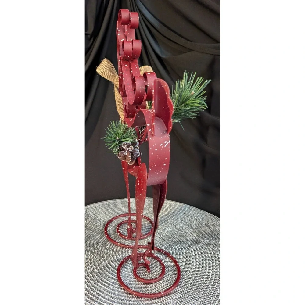 Vtg Rustic Metal Reindeer Tabletop Figurine Snow Splatter Pinecone Burlap 14